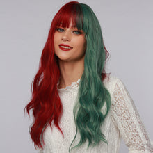 Load image into Gallery viewer, Joy | Halloween Red and Green Half Half Long Wavy Synthetic Hair Wig with Bangs