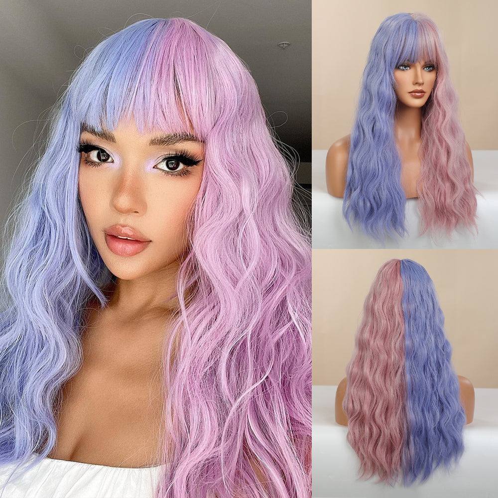 Chic | Halloween Pink and Purple Half Half Long Wavy Synthetic Hair Wig with Bangs