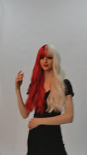 Load and play video in Gallery viewer, Geranium | Halloween Red and White Half Half Long Wavy Synthetic Hair Wig with Bangs