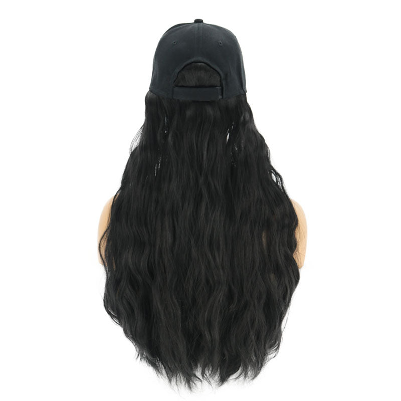 Contico | Black Long Curly Synthetic Hair Wig with Cap Hat
