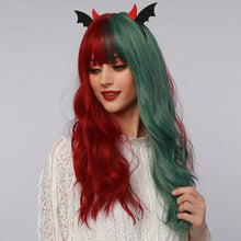 Load image into Gallery viewer, Joy | Halloween Red and Green Half Half Long Wavy Synthetic Hair Wig with Bangs