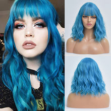 Load image into Gallery viewer, Icey | Blue Medium Long Curly Synthetic Hair Wig with Bangs