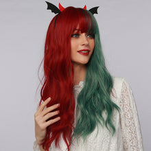 Load image into Gallery viewer, Joy | Halloween Red and Green Half Half Long Wavy Synthetic Hair Wig with Bangs