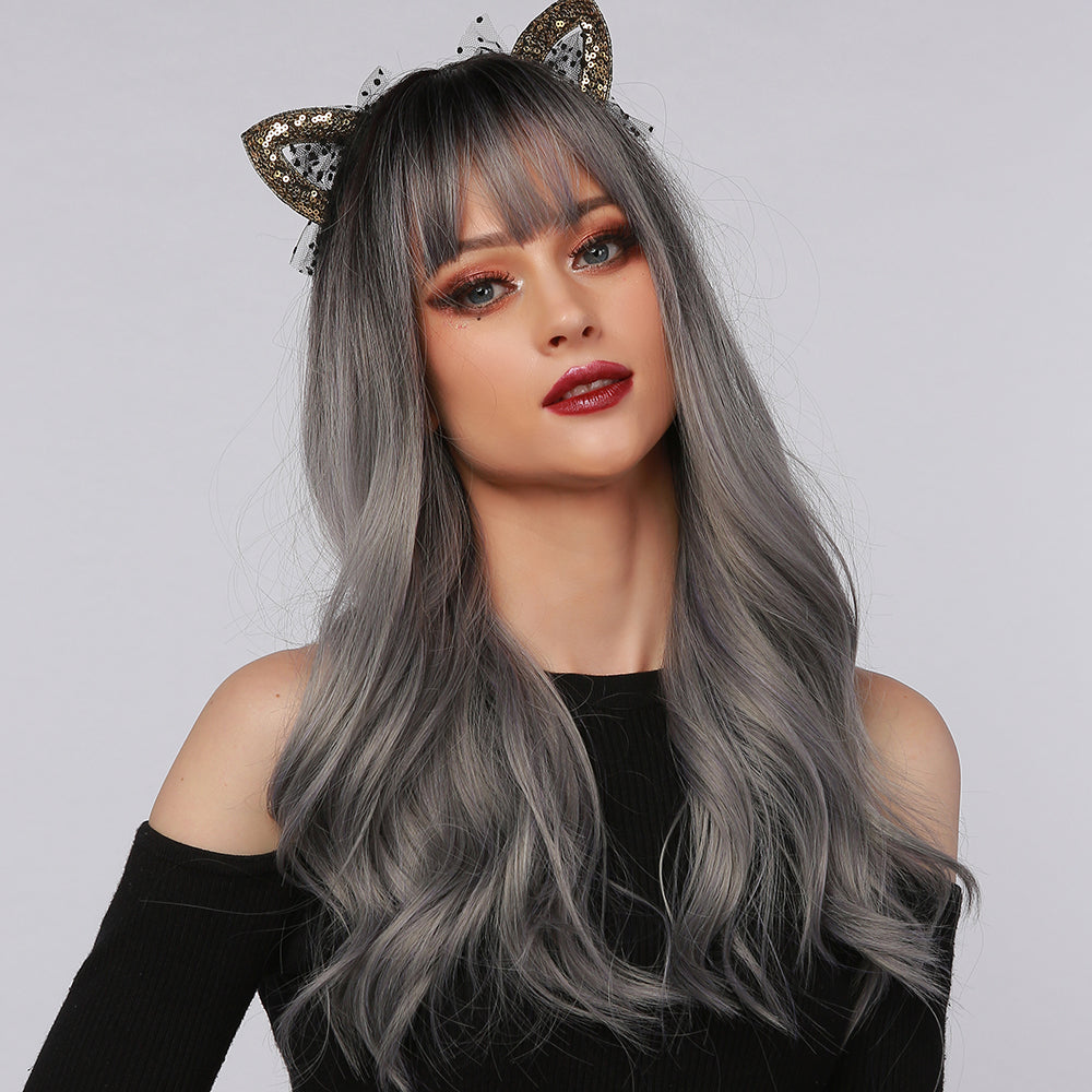 YYDS | Halloween Silver Long Wavy Synthetic Hair Wig with Bangs