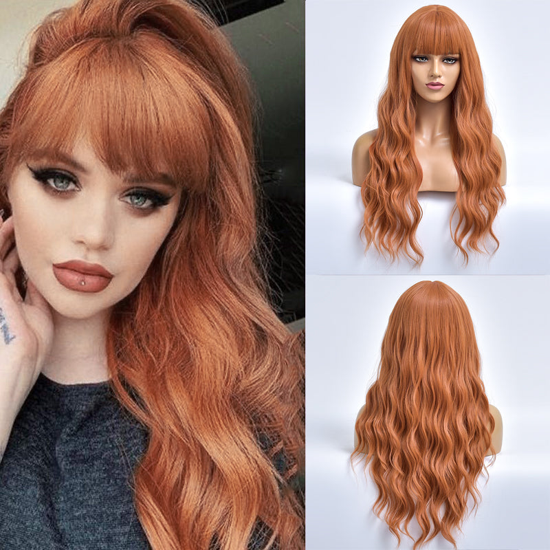 Amber | Orange Long Curly Synthetic Hair Wig with Bangs