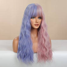 Load image into Gallery viewer, Chic | Halloween Pink and Purple Half Half Long Wavy Synthetic Hair Wig with Bangs