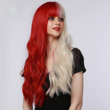 Load image into Gallery viewer, Geranium | Halloween Red and White Half Half Long Wavy Synthetic Hair Wig with Bangs