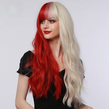 Load image into Gallery viewer, Geranium | Halloween Red and White Half Half Long Wavy Synthetic Hair Wig with Bangs