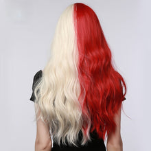 Load image into Gallery viewer, Geranium | Halloween Red and White Half Half Long Wavy Synthetic Hair Wig with Bangs
