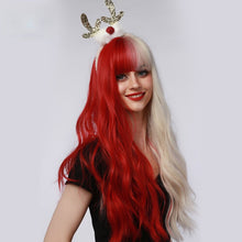 Load image into Gallery viewer, Geranium | Halloween Red and White Half Half Long Wavy Synthetic Hair Wig with Bangs