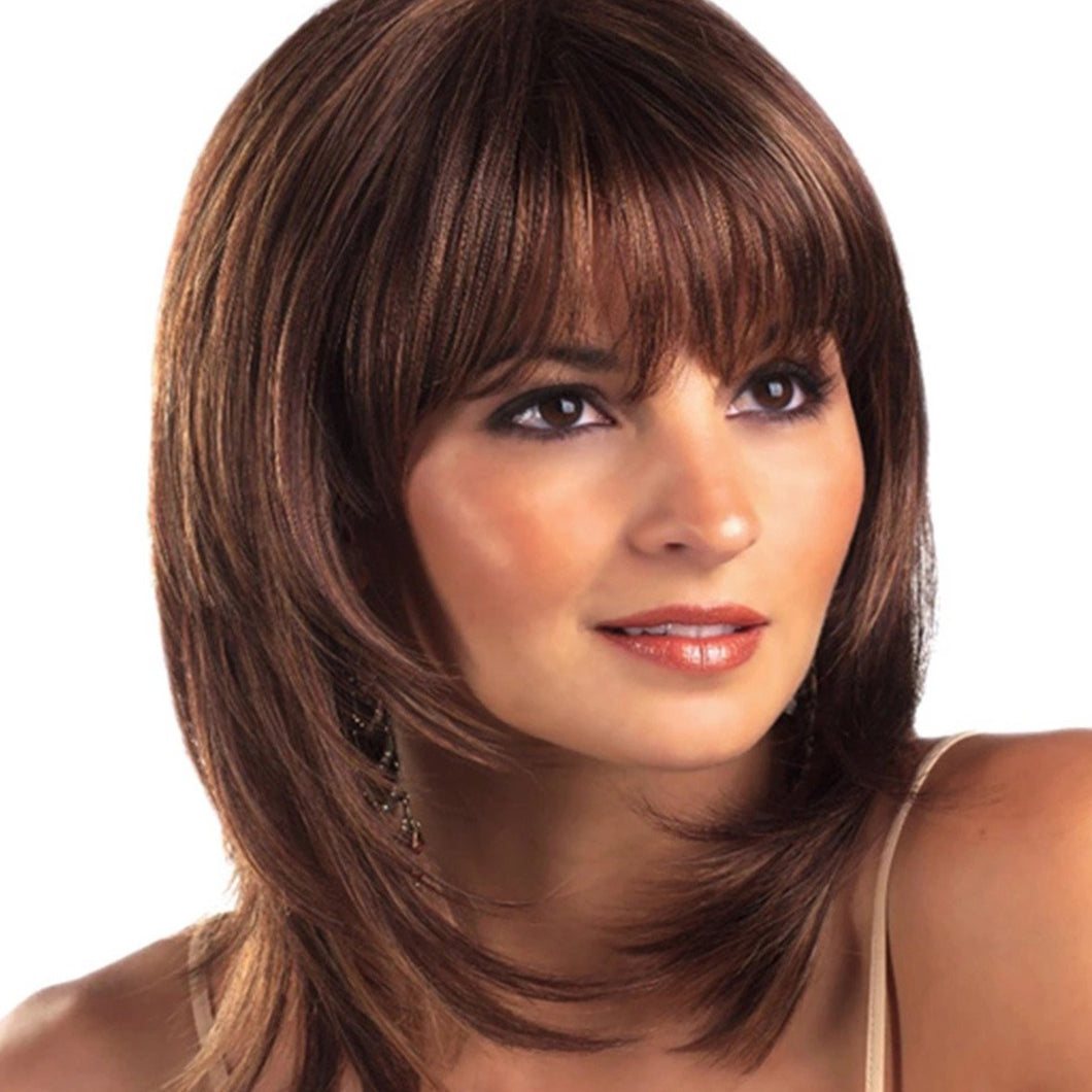 Agnes | Brown Medium Straight Synthetic Hair Wig With Bangs