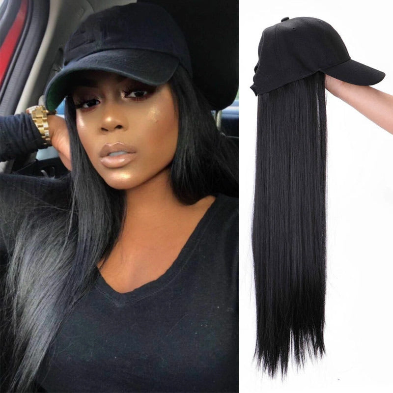 Summerland | Black Long Straight Synthetic Hair Wig Hat with Cap