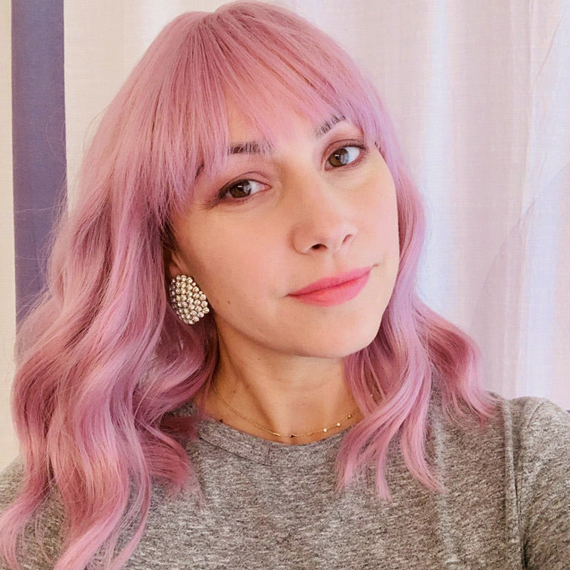 Bella | Pink Medium Long Curly Synthetic Hair Wig with Bangs