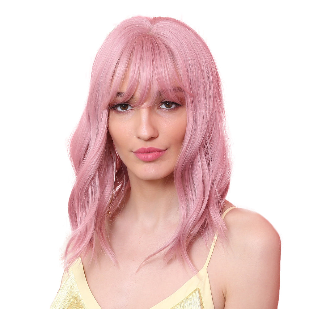 Melo | Halloween Coral Pink Medium Curly Synthetic Hair Wig with Bangs