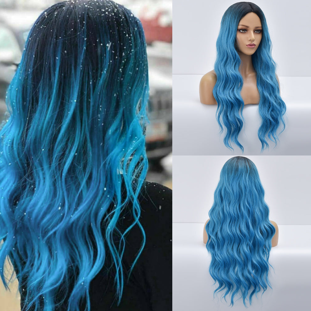 Mariney | Blue Long Curly Synthetic Hair Wig with Bangs