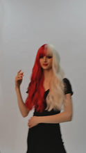 Load and play video in Gallery viewer, Geranium | Halloween Red and White Half Half Long Wavy Synthetic Hair Wig with Bangs
