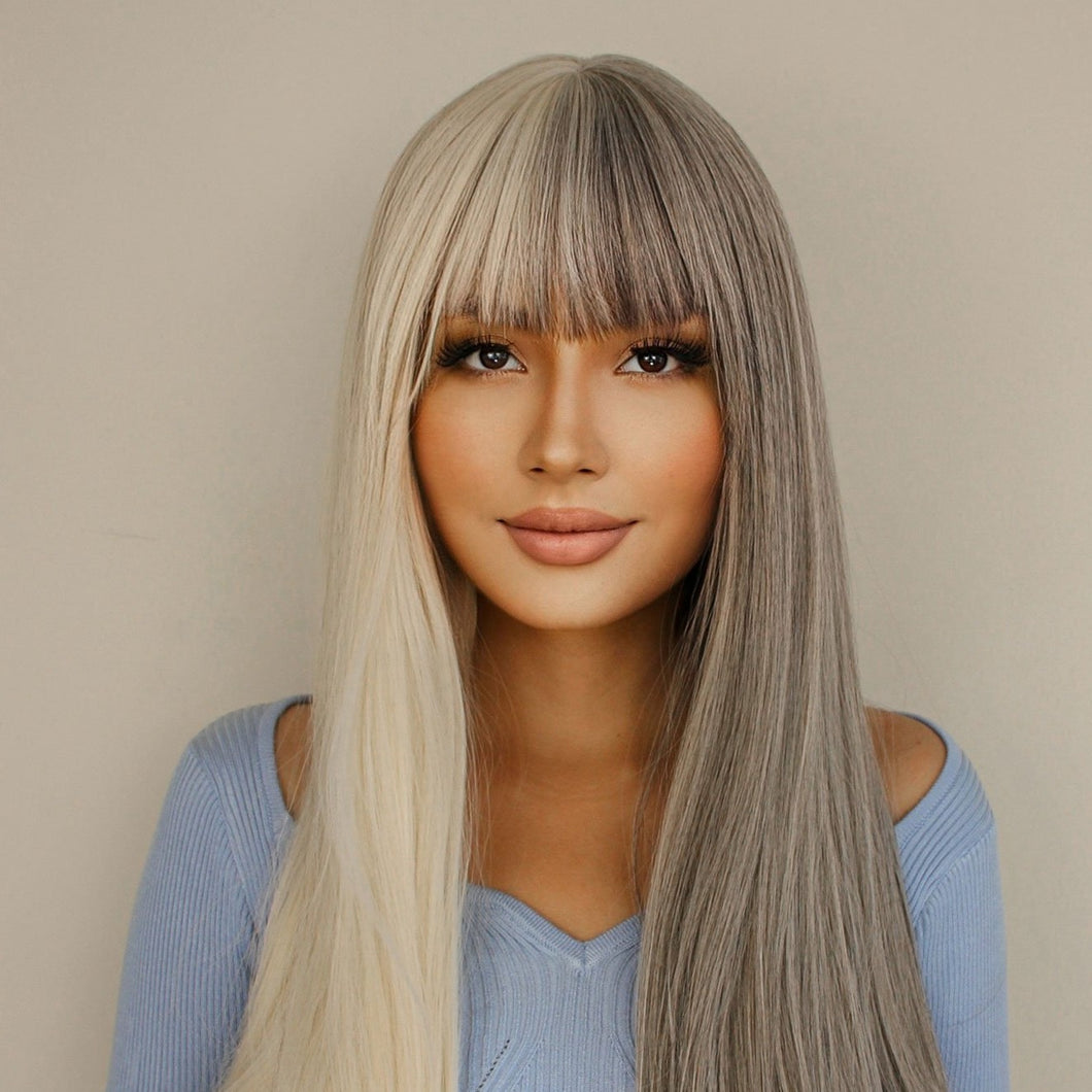 Low Key | Halloween Silver and White Half Half Long Straight Synthetic Hair Wig with Bangs
