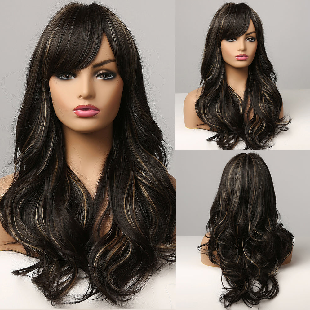 Dora | Brown Long Wavy Synthetic Hair Wig with Bangs