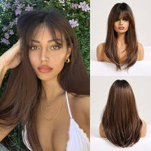 Load image into Gallery viewer, Cheryl | Brown Long Straight Synthetic Hair Wig with Bangs
