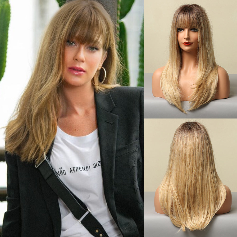 Venus | Blonde Long Straight Synthetic Hair Wig with Bangs