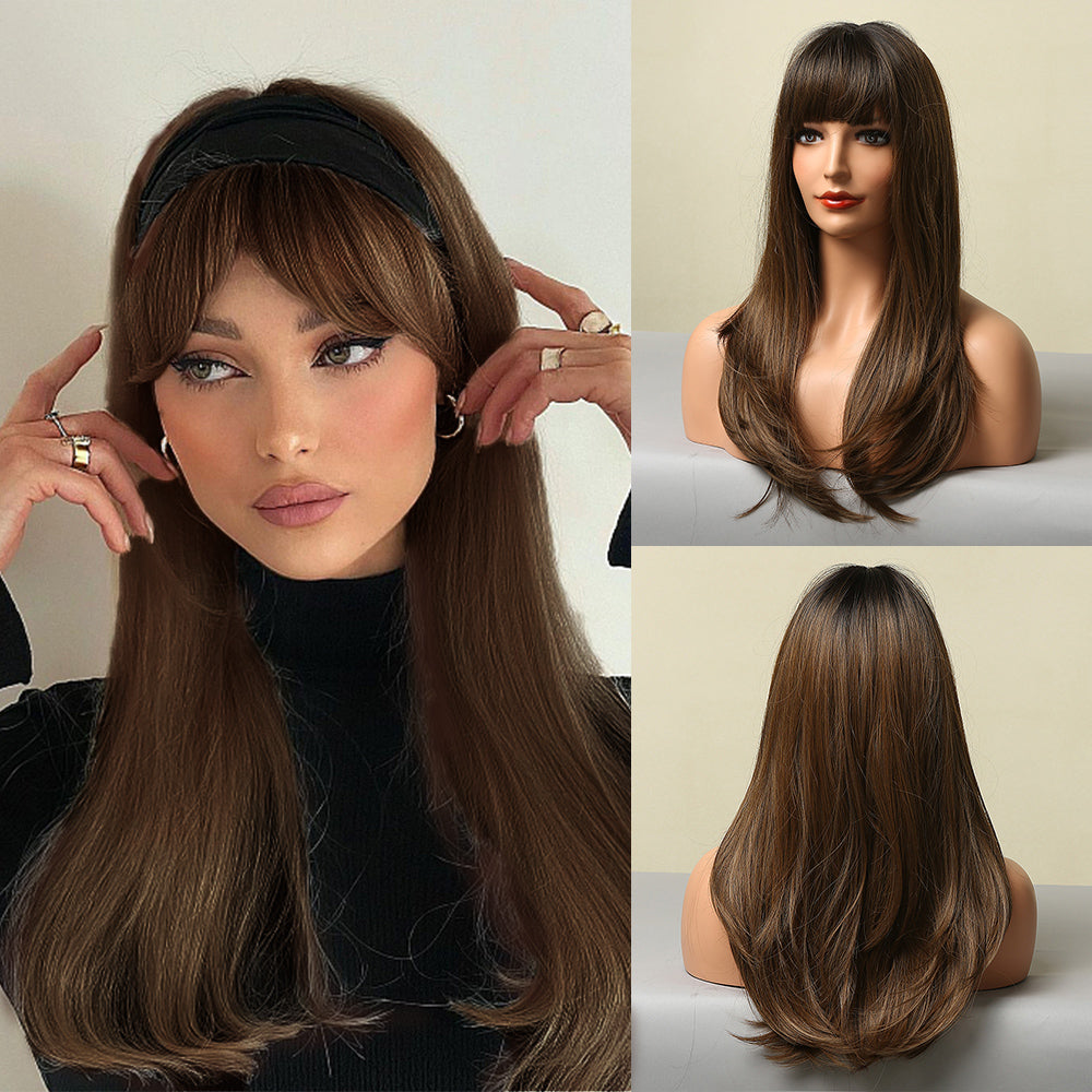 Gamer | Brown Long Straight Synthetic Hair Wig with Bangs