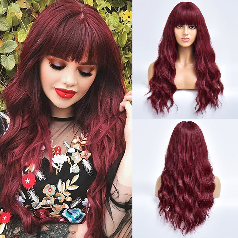 Cherry | Red Long Curly Synthetic Hair Wig with Bangs