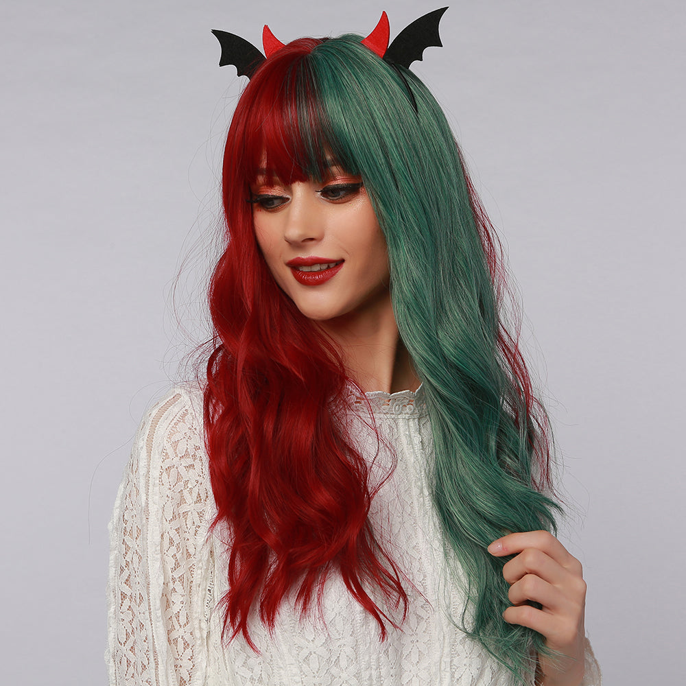 Joy | Halloween Red and Green Half Half Long Wavy Synthetic Hair Wig with Bangs