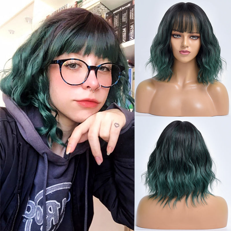 Elf | Green Medium Long Curly Synthetic Hair Wig with Bangs
