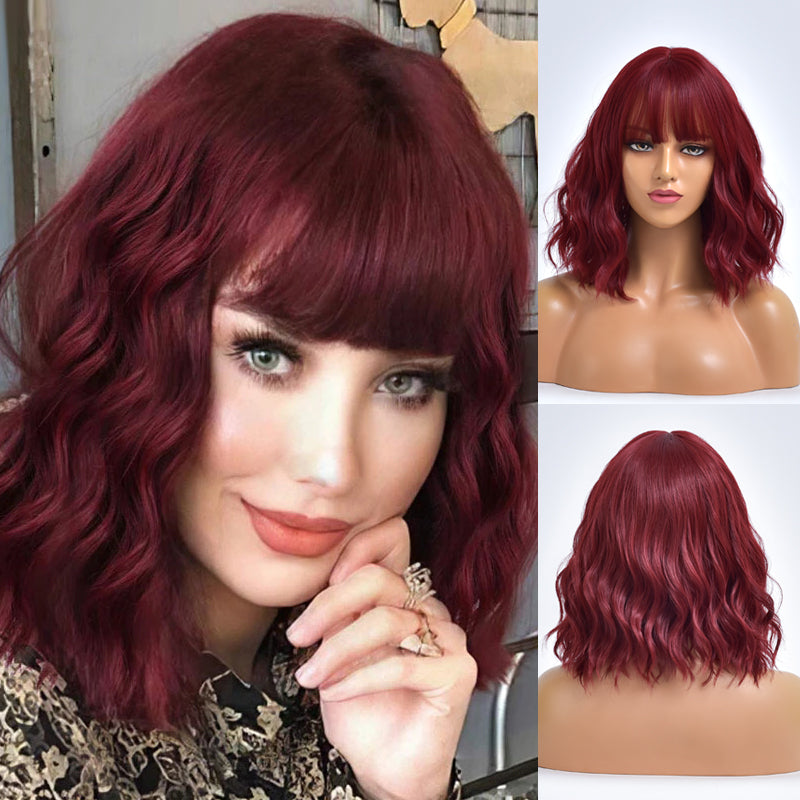 Ruby | Red Medium Long Curly Synthetic Hair Wig with Bangs