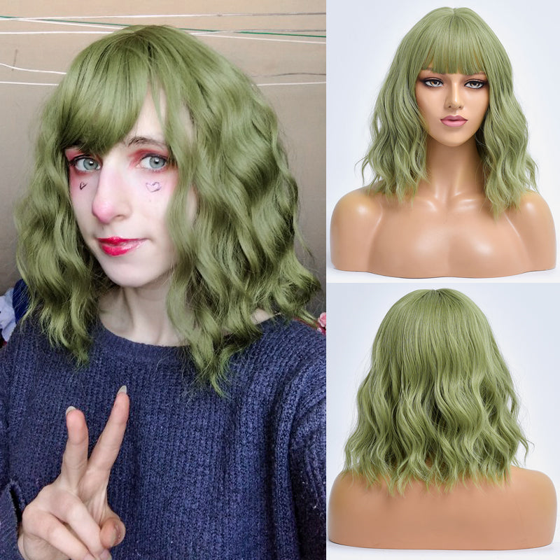 Claire | Green Medium Long Curly Synthetic Hair Wig with Bangs