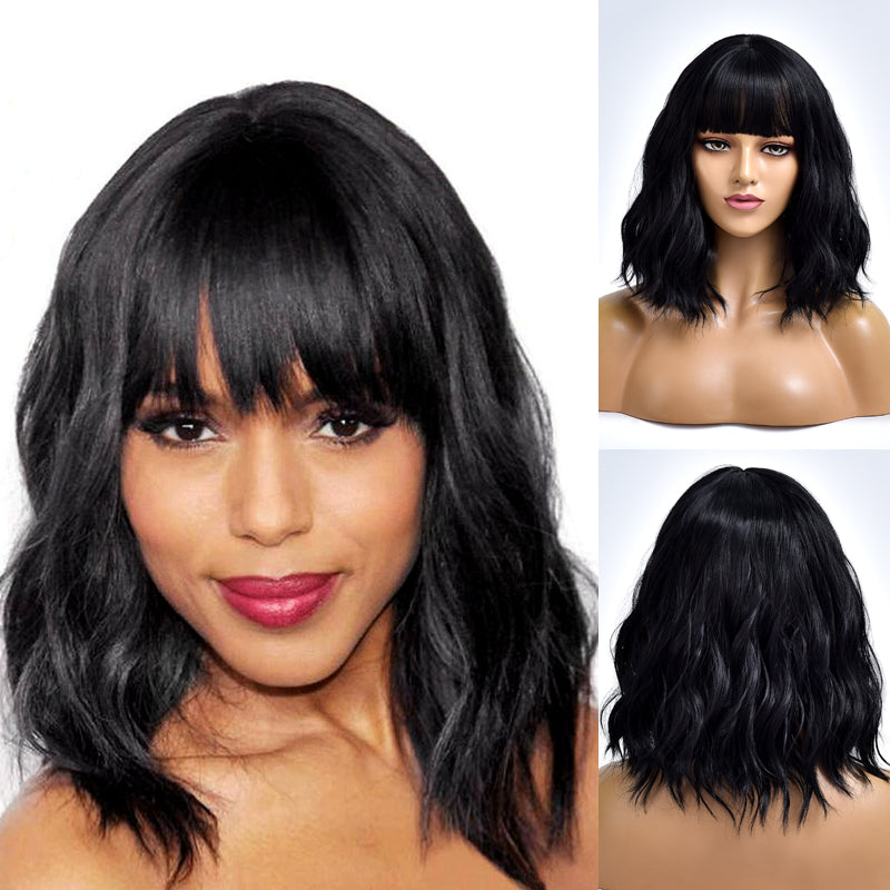 5thBoss | Black Medium Long Curly Synthetic Hair Wig with Bangs