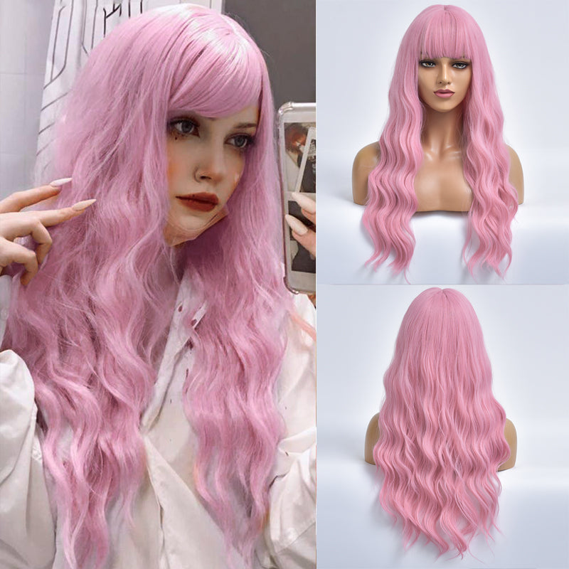 CandyRush | Pink Long Curly Synthetic Hair Wig with Bangs