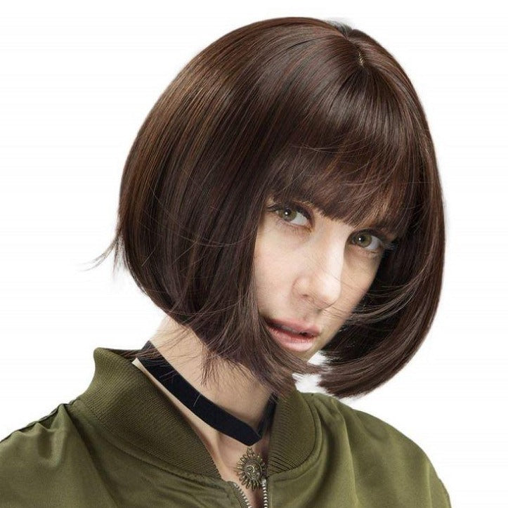 Siana | Dark Brown Medium Straight Synthetic Bob Hair Wig with Bangs