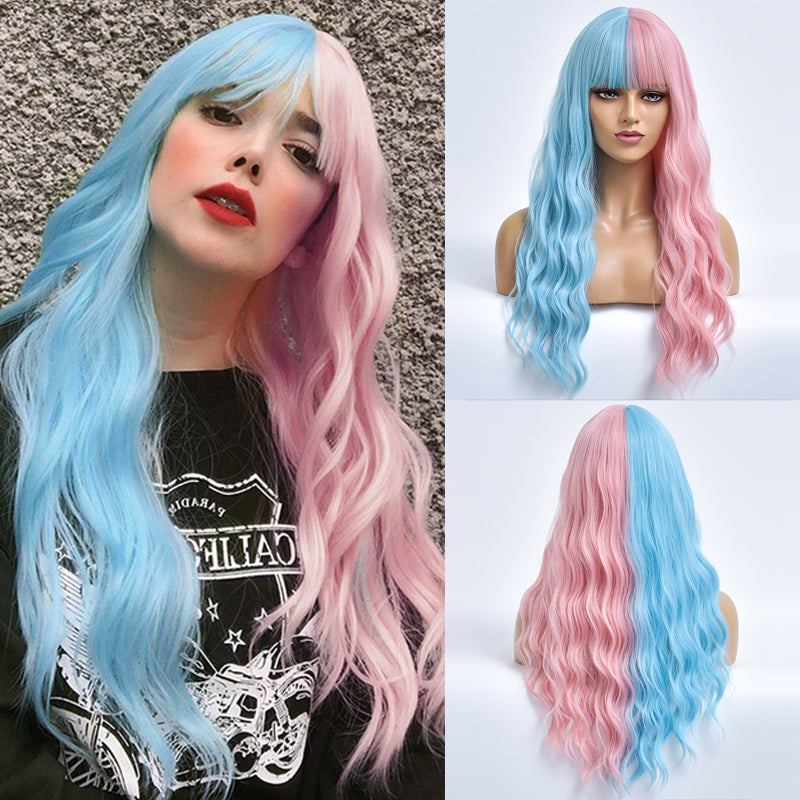 Cherry | Blue and Pink Long Curly Synthetic Hair Wig with Bangs