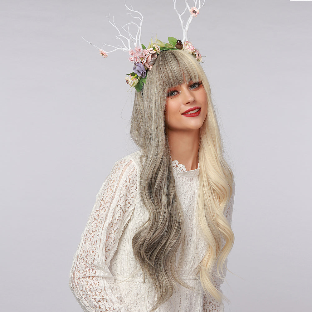 Stormi | Halloween Silver and White Half Half Long Wavy Synthetic Hair Wig with Bangs