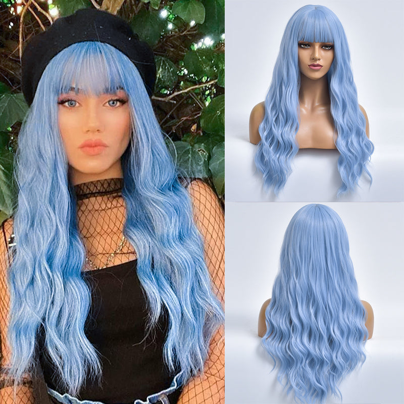PGNH | Light Blue Long Curly Synthetic Hair Wig with Bangs