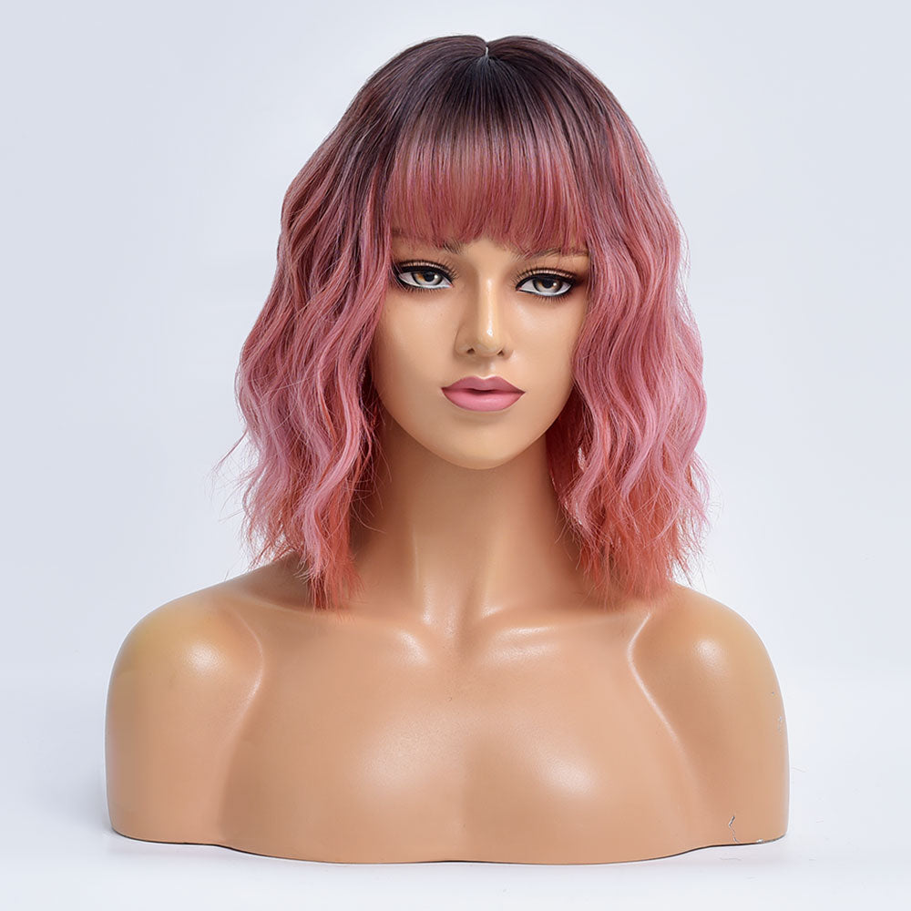 Sweetsy | Pink Medium Long Curly Synthetic Hair Wig with Bangs
