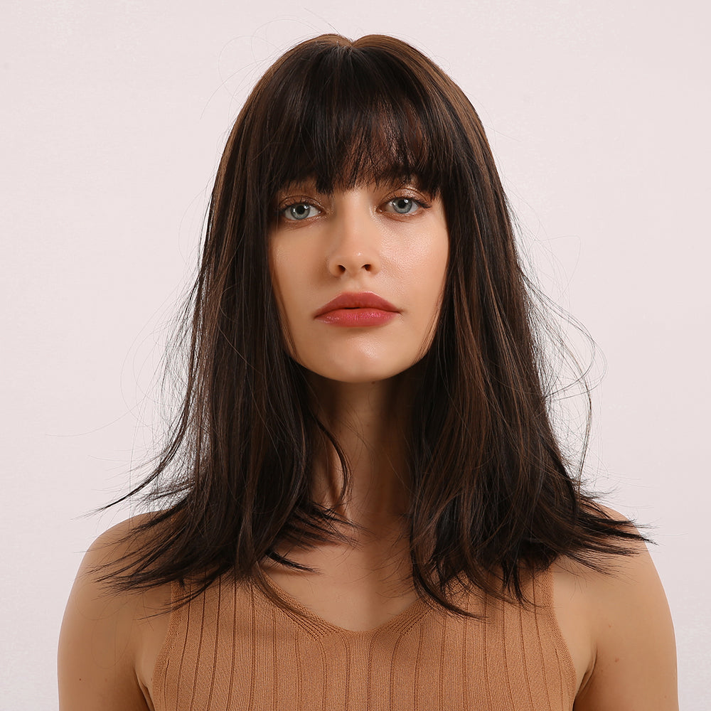 Paris | Brown Long Straight Synthetic Hair Wig with Bangs