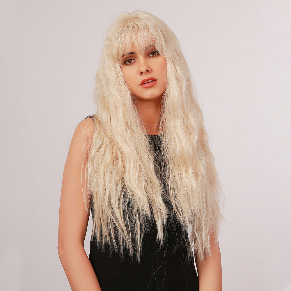 OOTD | Blonde Long Curly Synthetic Hair Wig with Bangs