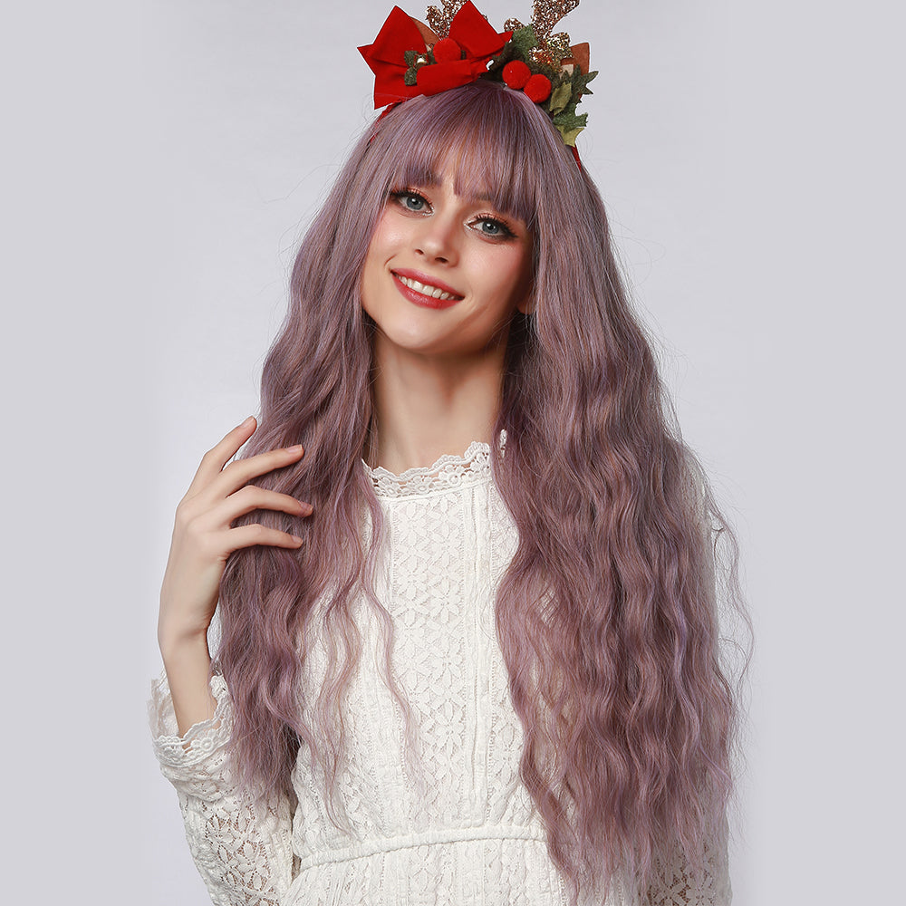 Buzzword | Purple Long Curly Synthetic Hair Wig with Bangs