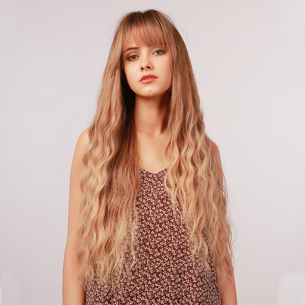 Calla | Blonde Long Curly Synthetic Hair Wig with Bangs