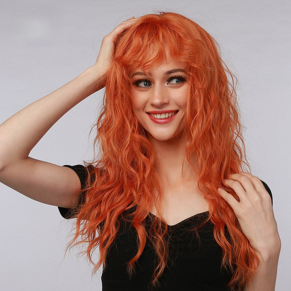 Fox | Halloween Ginger Orange Long Curly Synthetic Hair Wig with Bangs