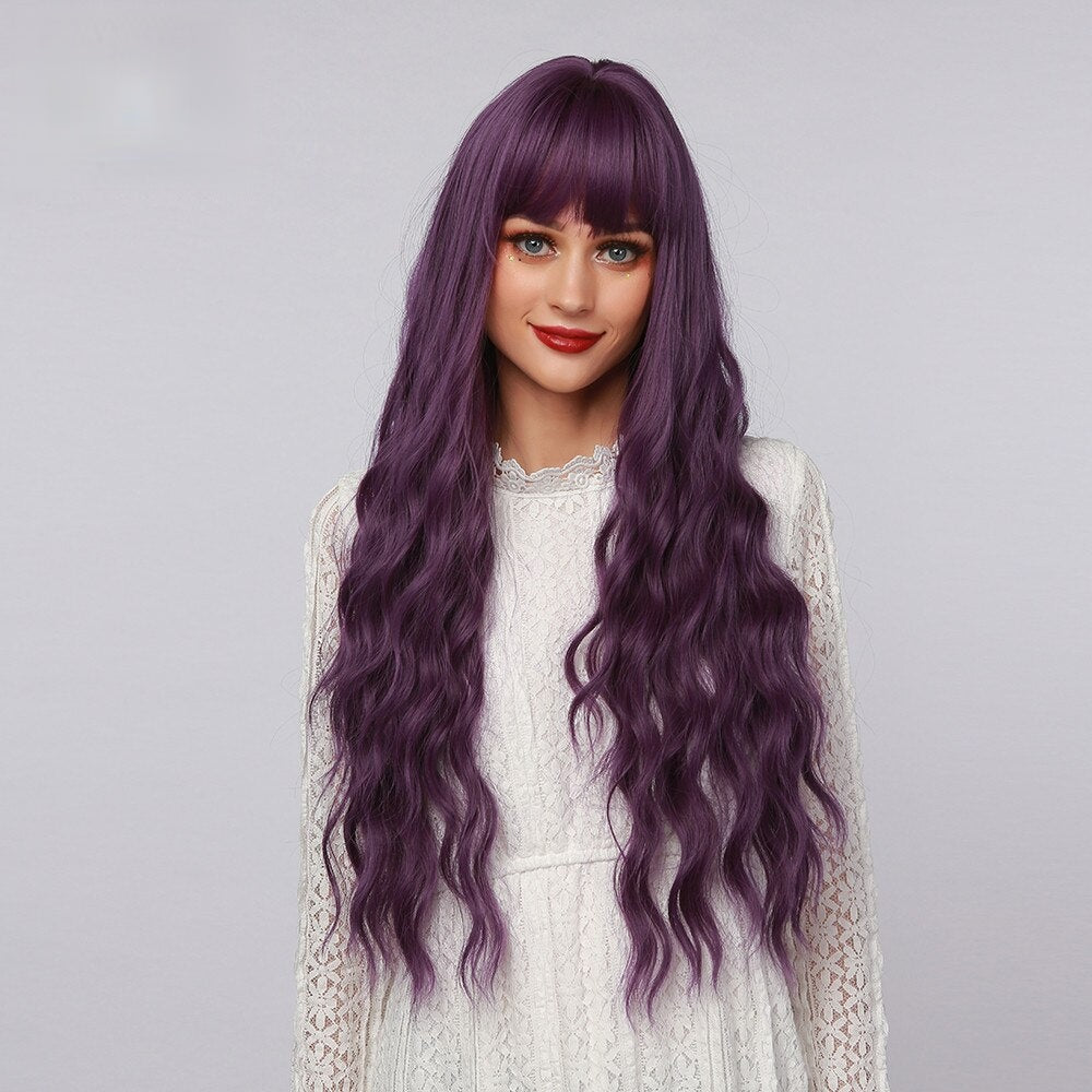 Peony | Halloween Purple Long Curly Synthetic Hair Wig with Bangs