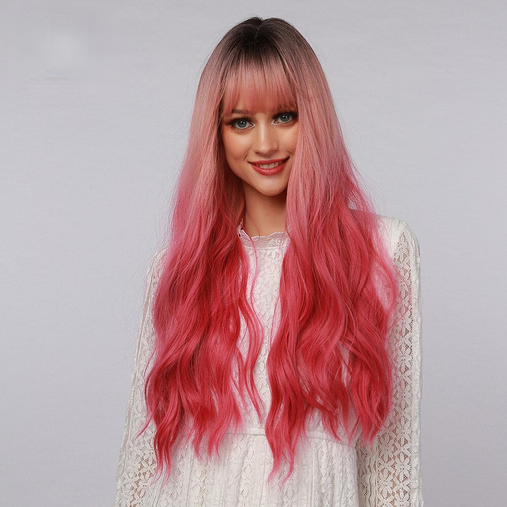 Shailyn | Halloween Coral Pink Long Wavy Synthetic Hair Wig with Bangs