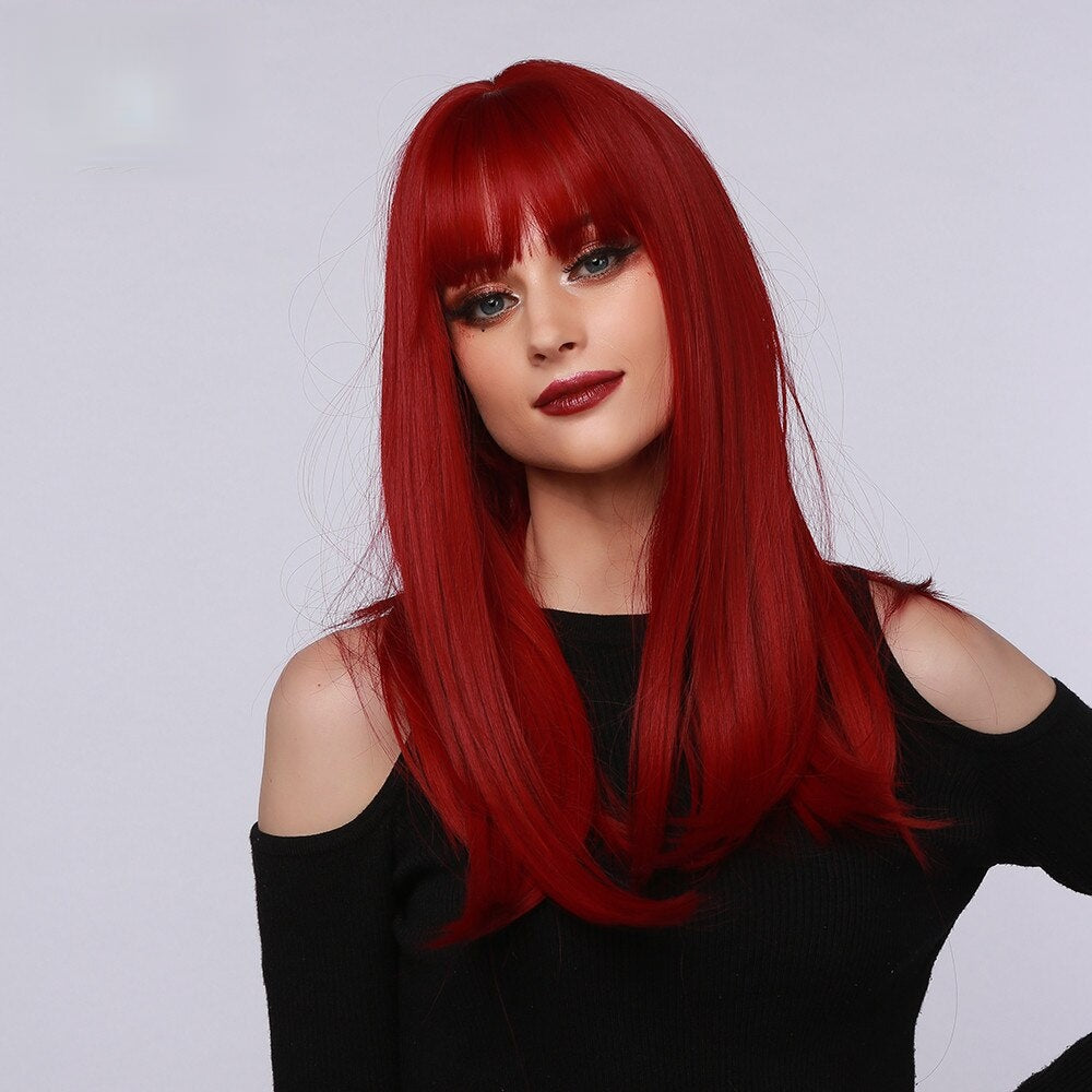Sol | Burgundy Wine Red Long Straight Synthetic Hair Wig with Bangs
