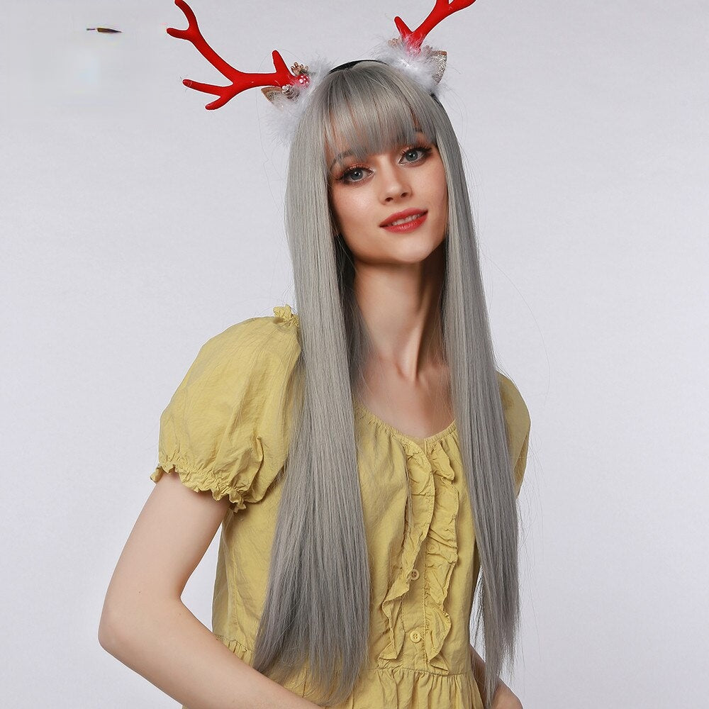 Elvenia | Halloween Silver Long Straight Synthetic Hair Wig with Bangs