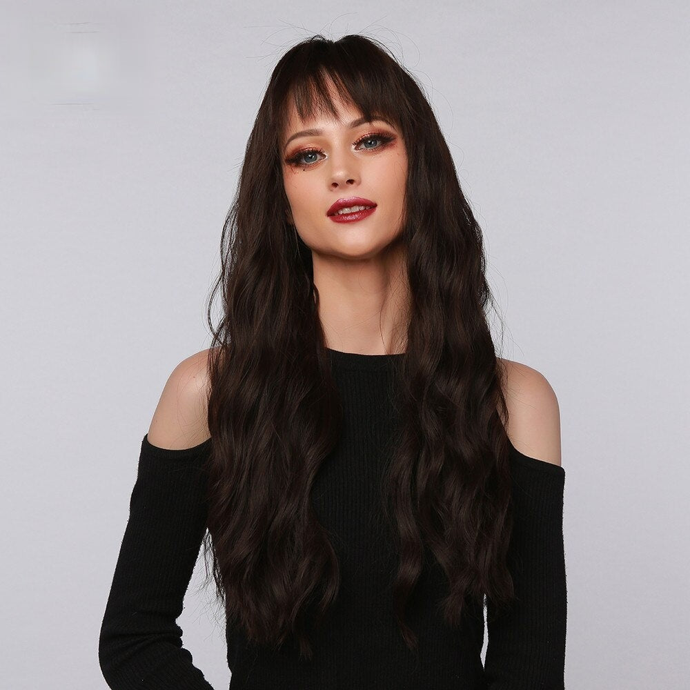 Tunder | Brown Long Wavy Synthetic Hair Wig with Bangs