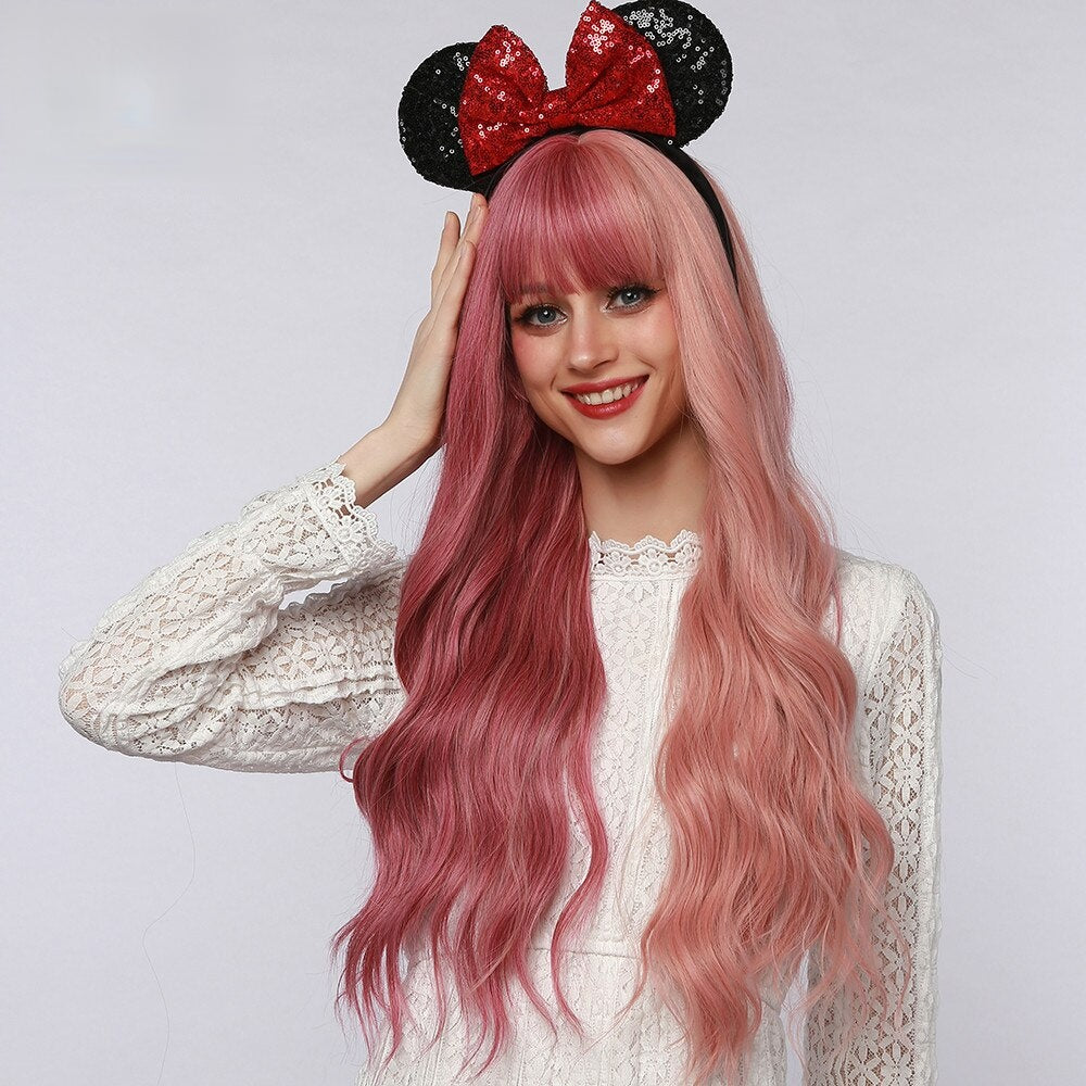 Zinnia | Halloween Coral Pink Long Wavy Synthetic Hair Wig with Bangs