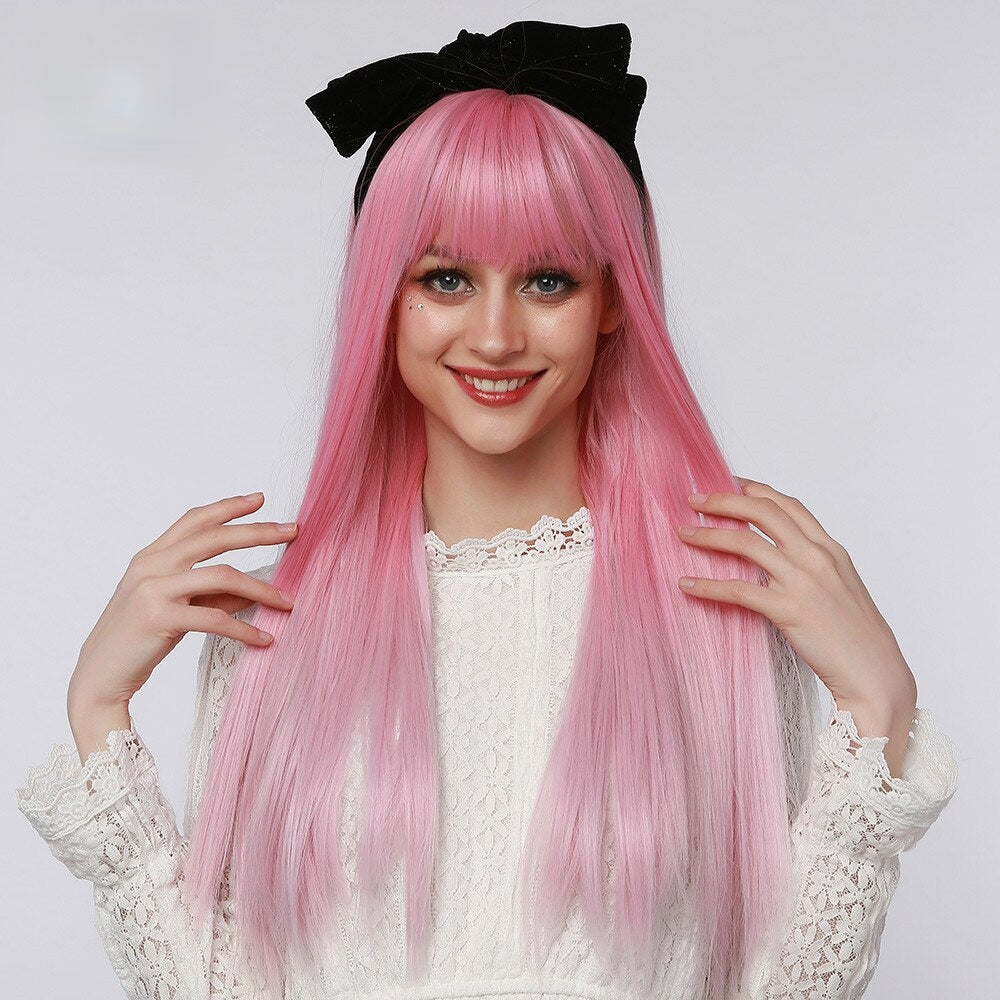 Lara | Halloween Coral Pink Long Straight Synthetic Hair Wig with Bangs