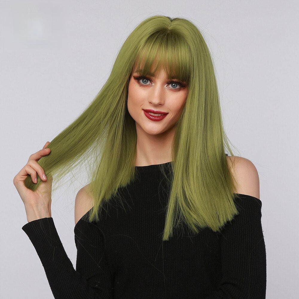 TheMagician | Halloween Green Long Straight Synthetic Hair Wig with Bangs